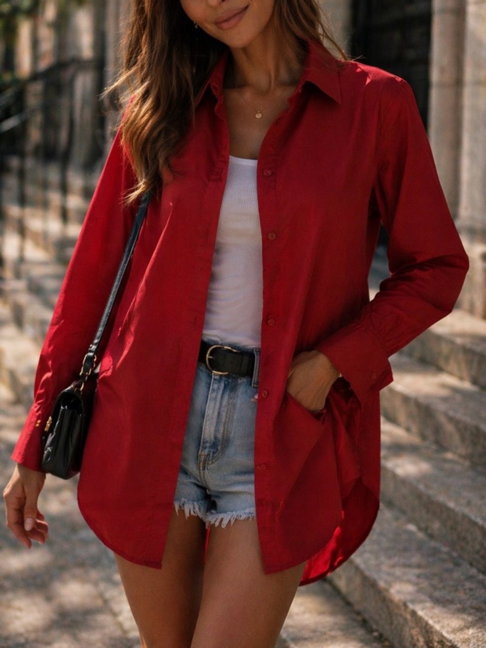 NY Collection Women Small Petite Burgundy Longline Button Up Tunic Shirt Stretch